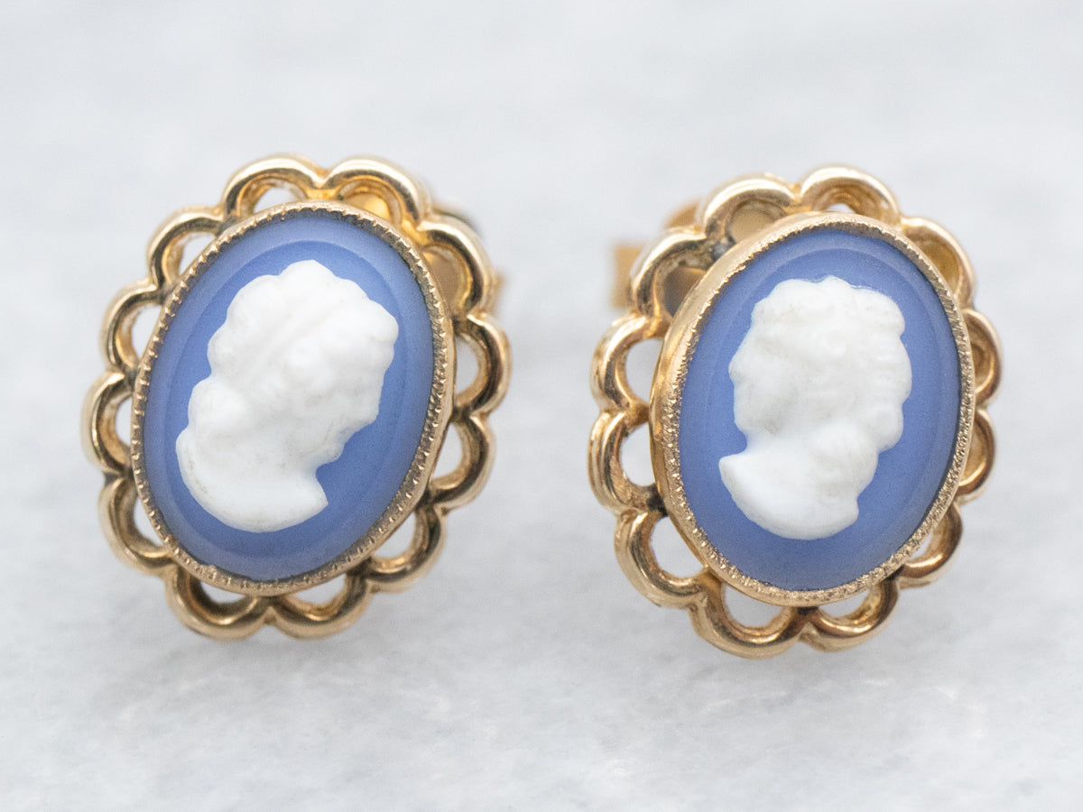 Blue and White Cameo Stud Earrings