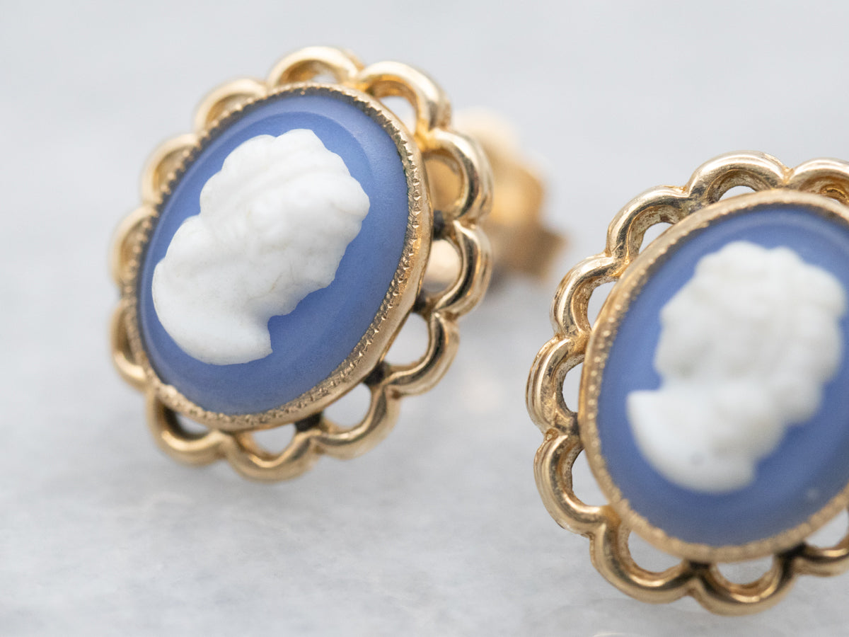 Blue and White Cameo Stud Earrings