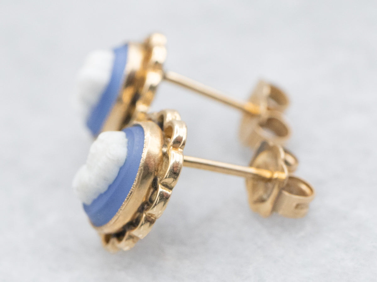 Blue and White Cameo Stud Earrings