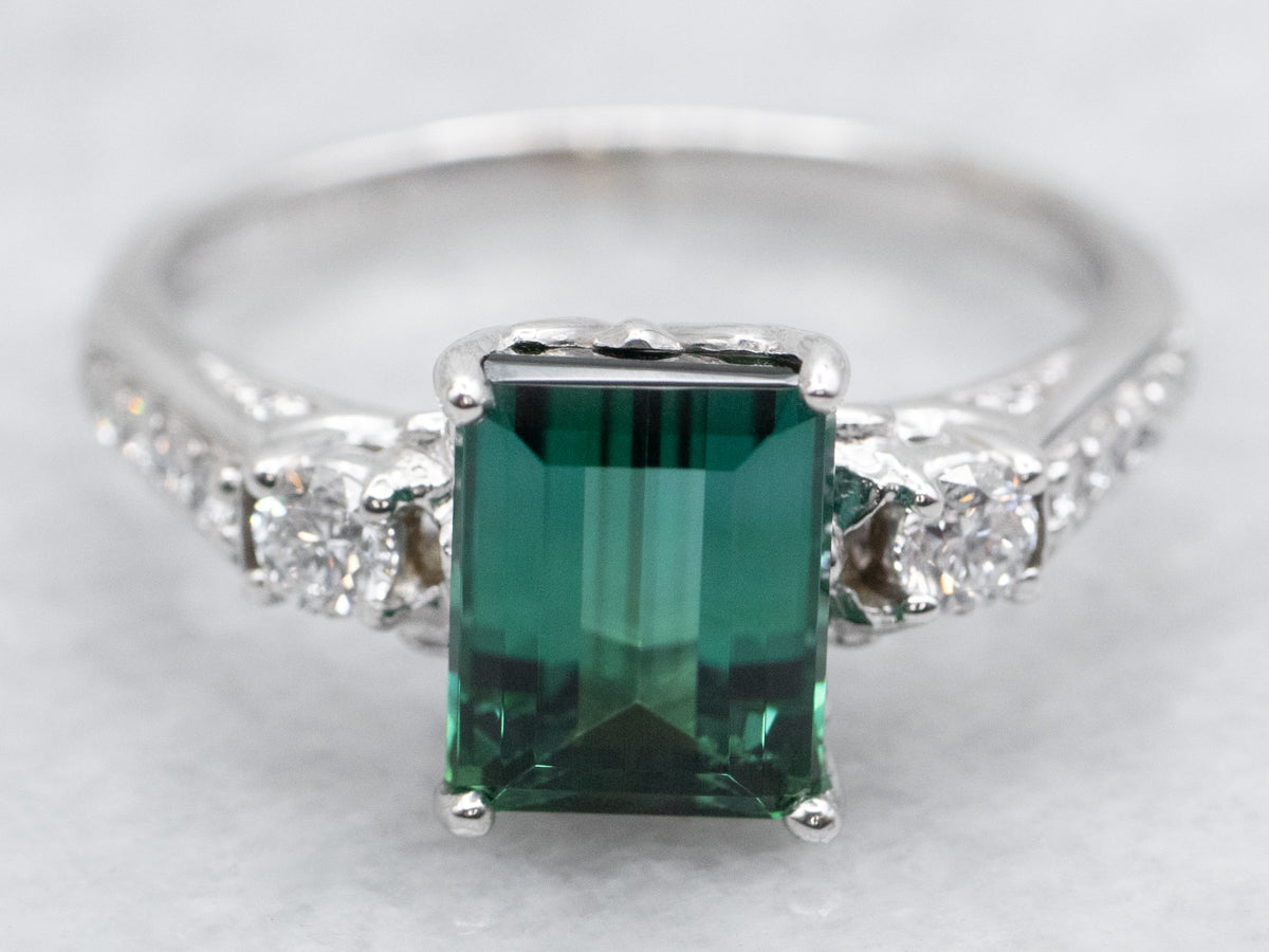 Modern Green Tourmaline and Diamond Ring