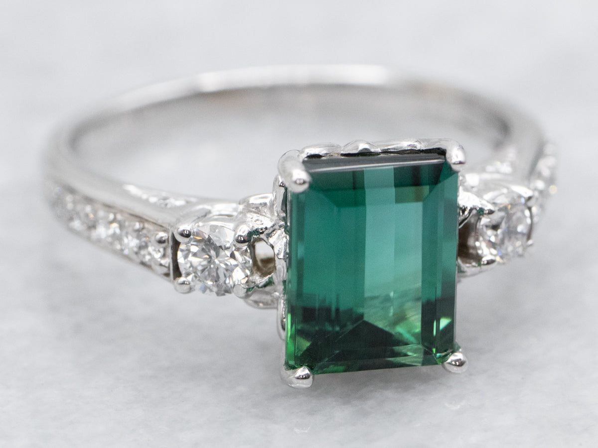 Modern Green Tourmaline and Diamond Ring