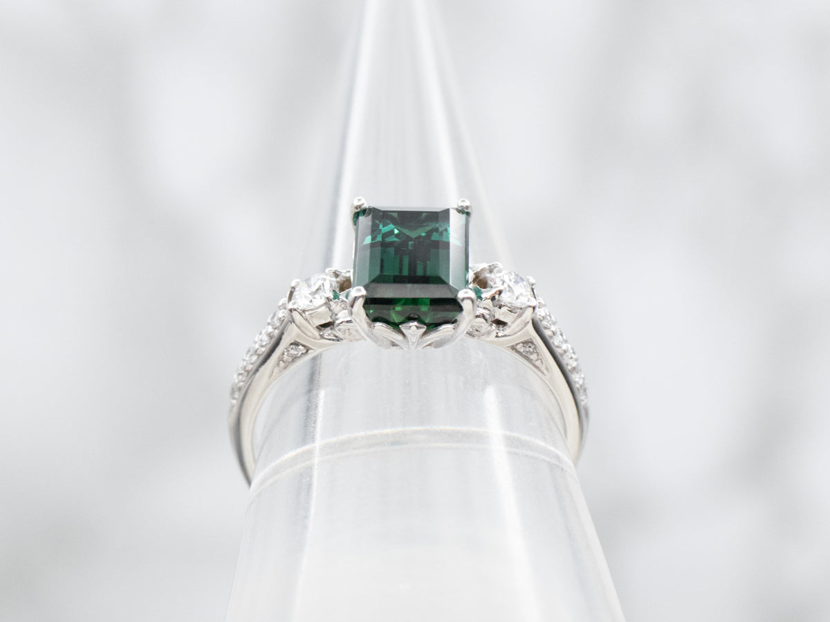 Modern Green Tourmaline and Diamond Ring