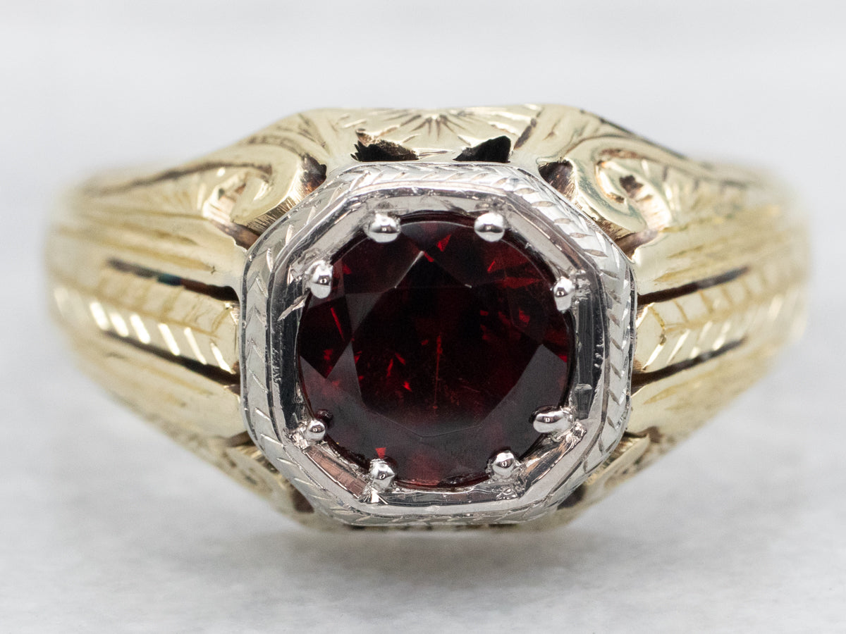 Men&#39;s Antique Mixed Metal Garnet Solitaire Ring