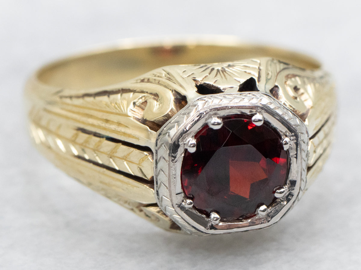 Men's Antique Mixed Metal Garnet Solitaire Ring