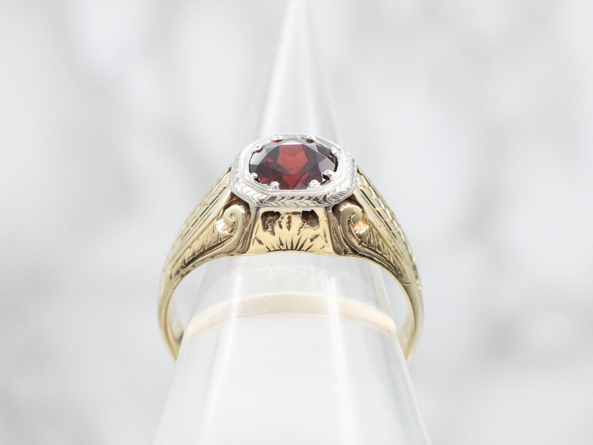 Men's Antique Mixed Metal Garnet Solitaire Ring