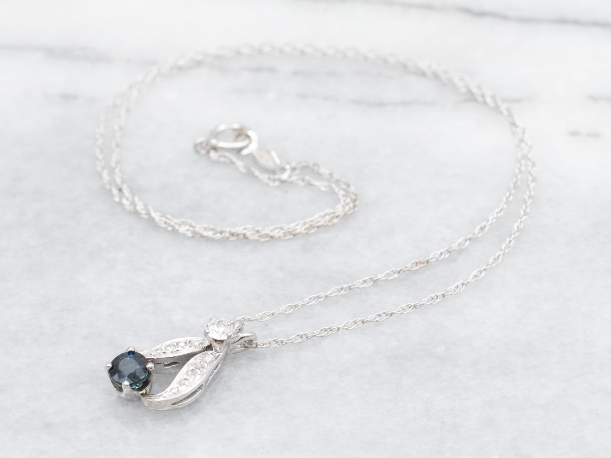 Retro Sapphire and Diamond Drop Pendant on White Gold Chain