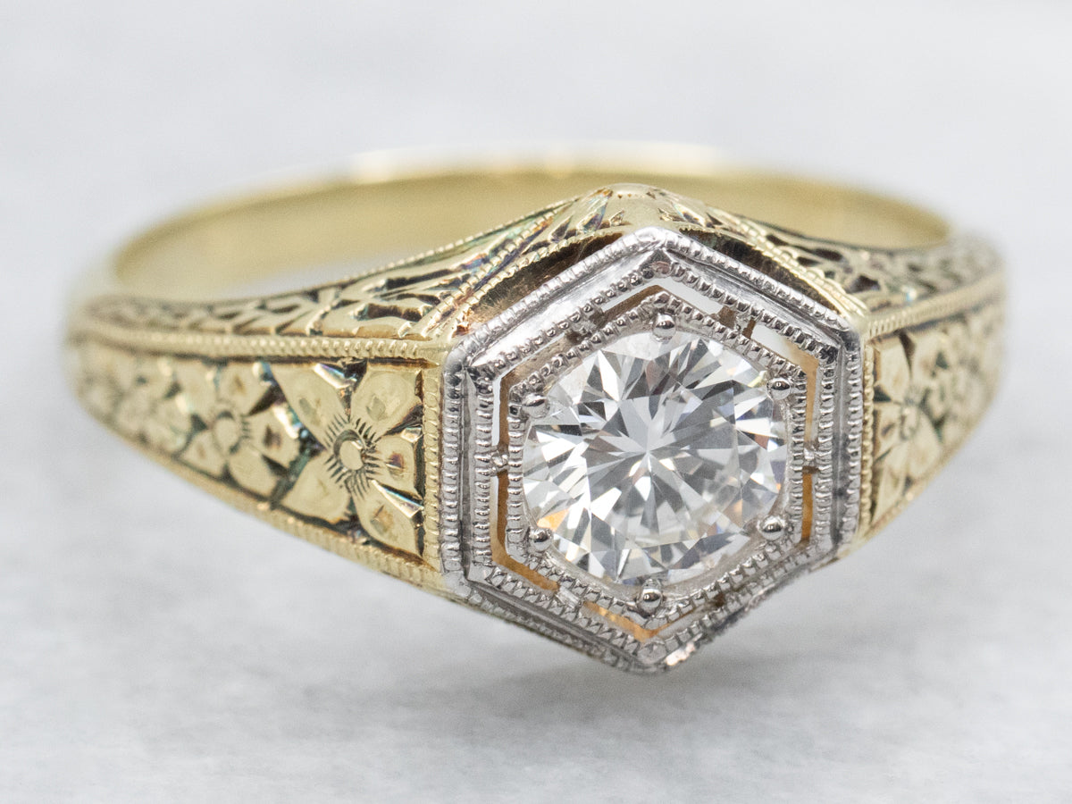 Art Deco Two Tone GIA Certified Diamond Solitaire Engagement Ring