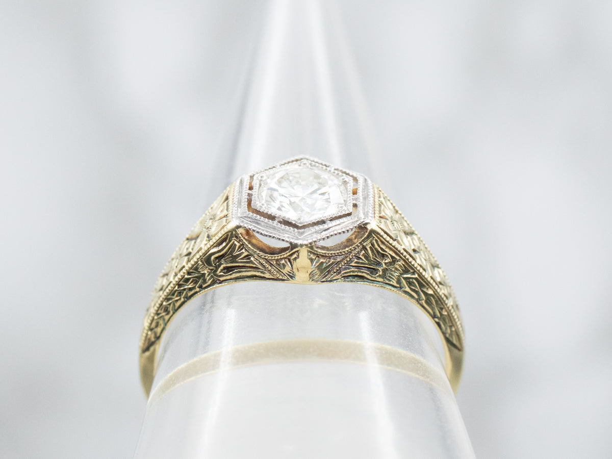 Art Deco Two Tone GIA Certified Diamond Solitaire Engagement Ring