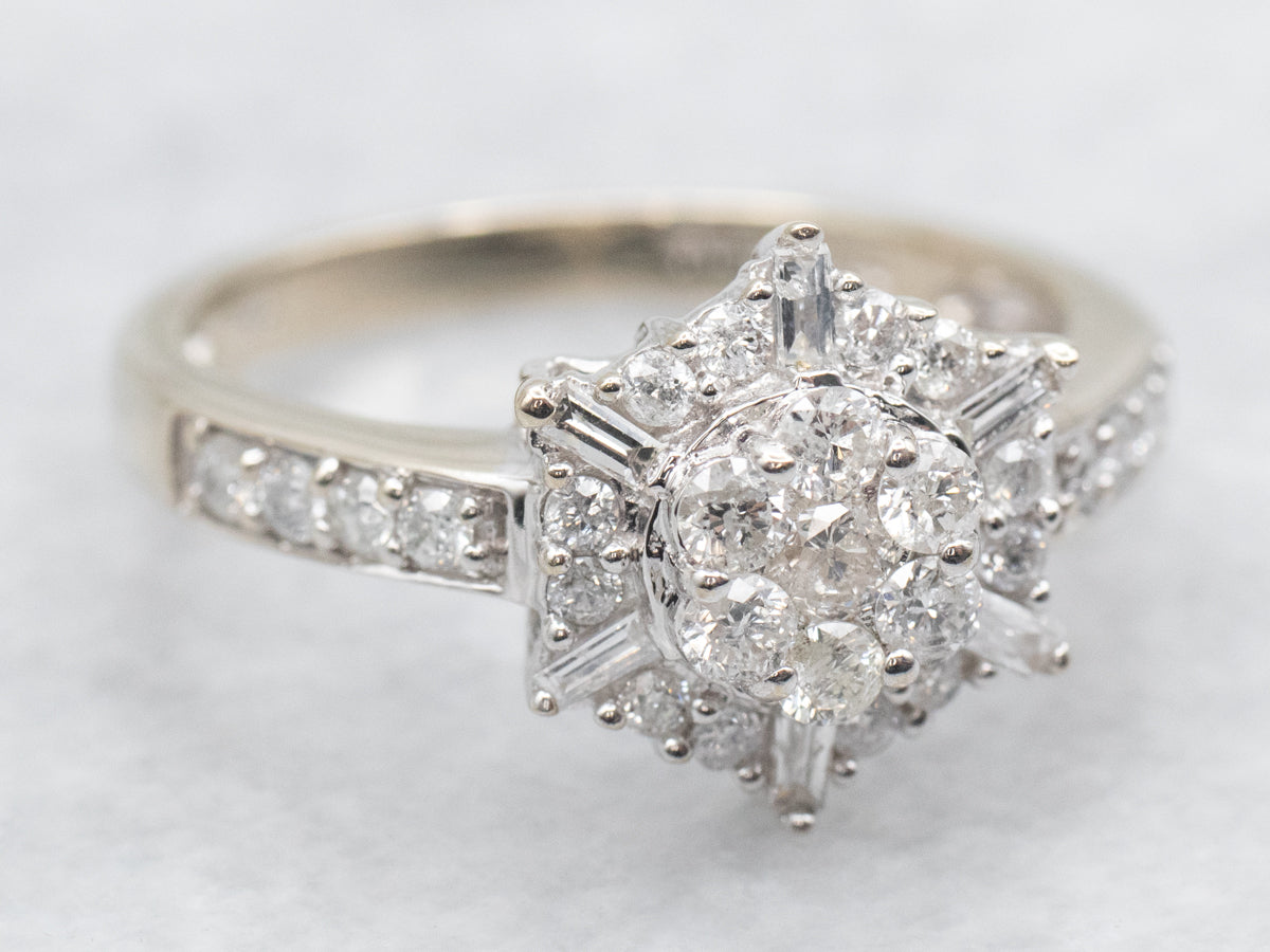 White Gold Snowflake Diamond Halo Engagement Ring