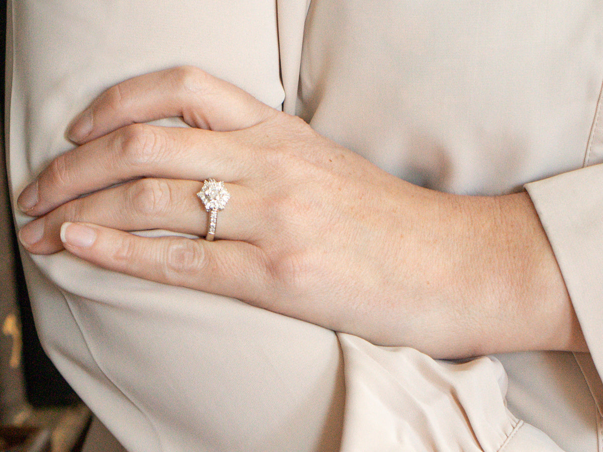 White Gold Snowflake Diamond Halo Engagement Ring