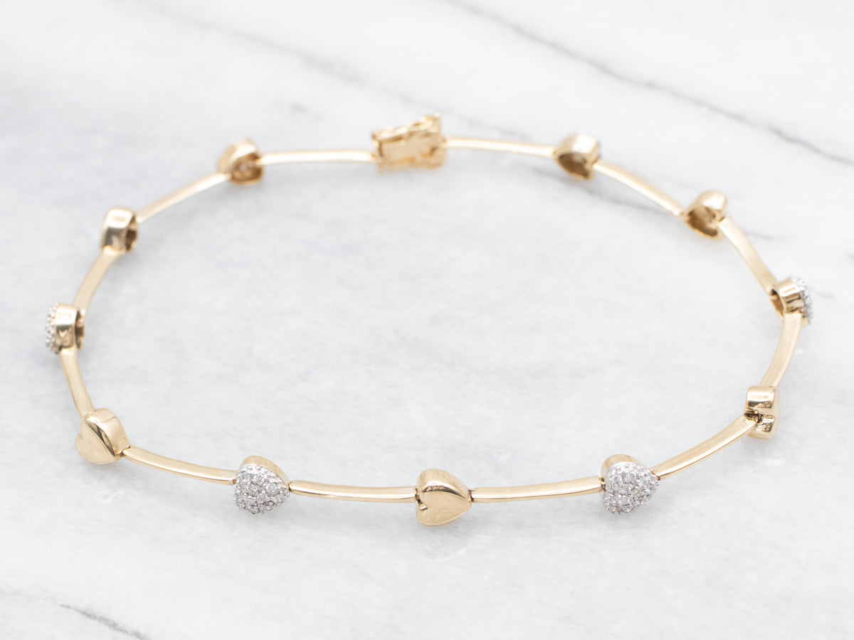 Puffy Gold Diamond Encrusted Heart Link Bracelet