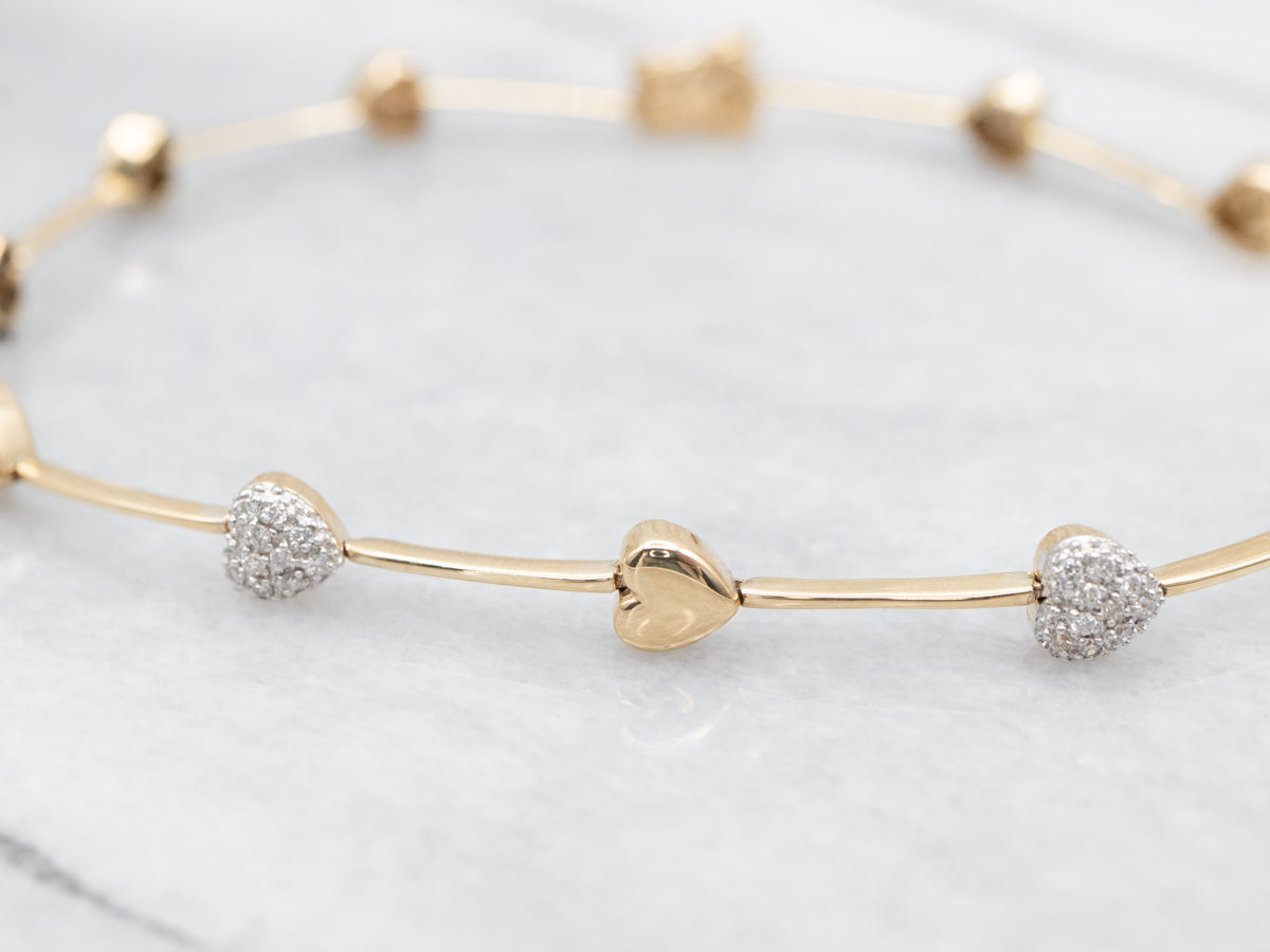 Puffy Gold Diamond Encrusted Heart Link Bracelet