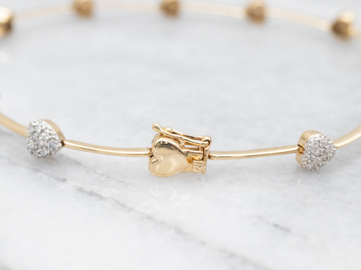 Puffy Gold Diamond Encrusted Heart Link Bracelet