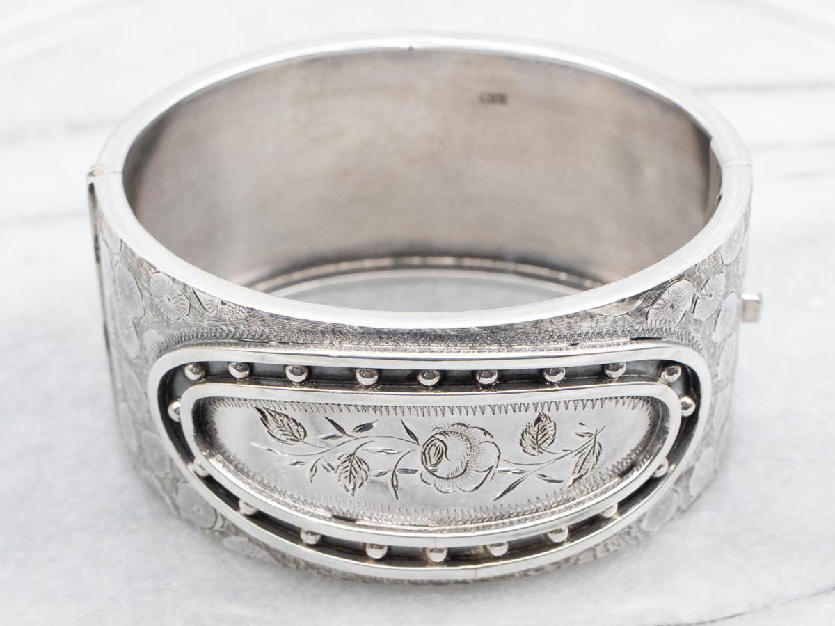 Sterling Silver Early 1900s English Hinged Floral Bracelet