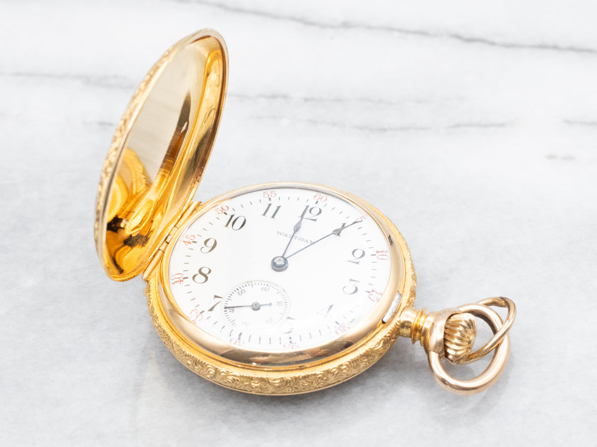 Antique Waltham Floral Hunter&#39;s Pocket Watch