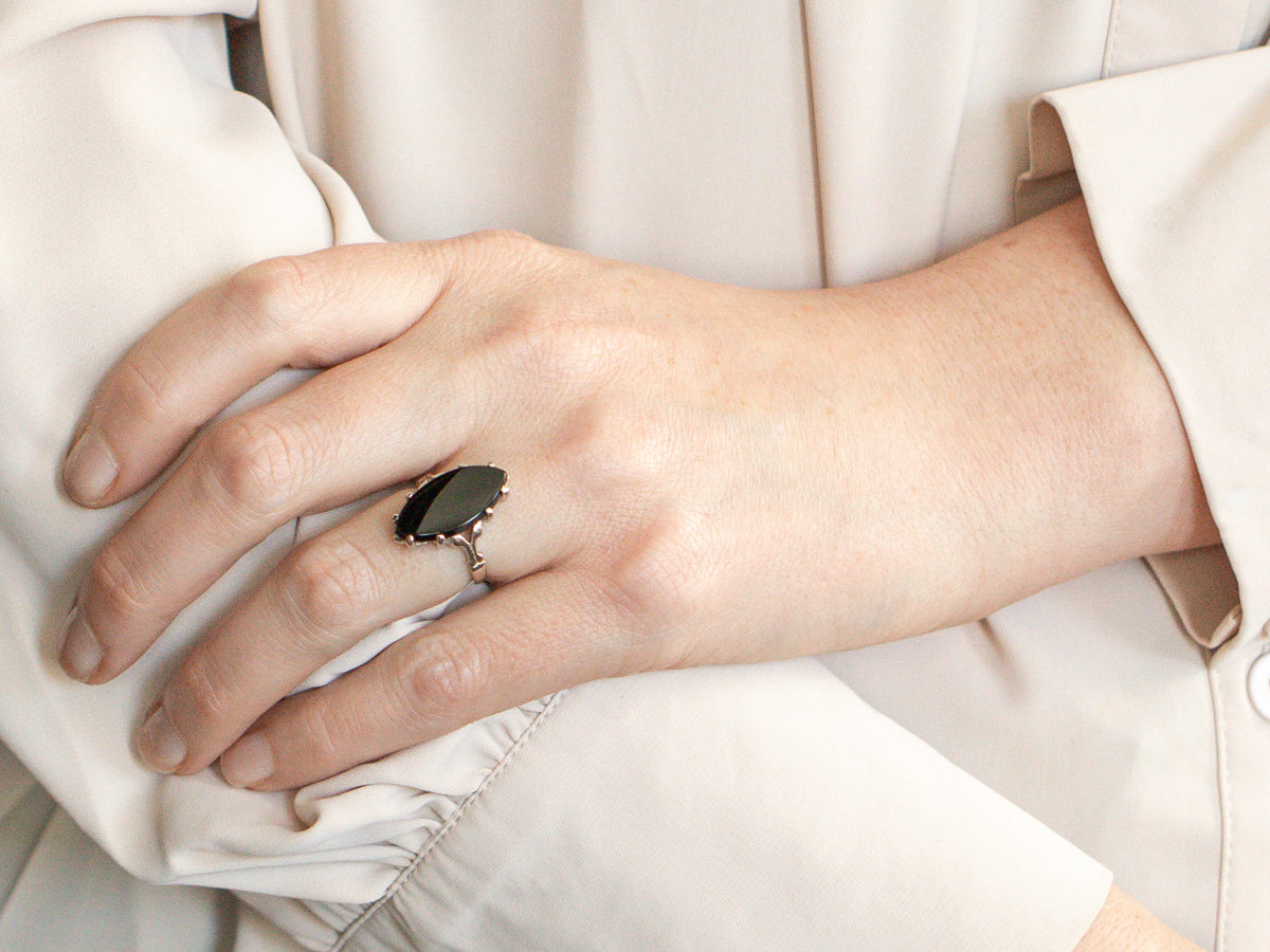 White Gold Marquise Cut Black Onyx Ring