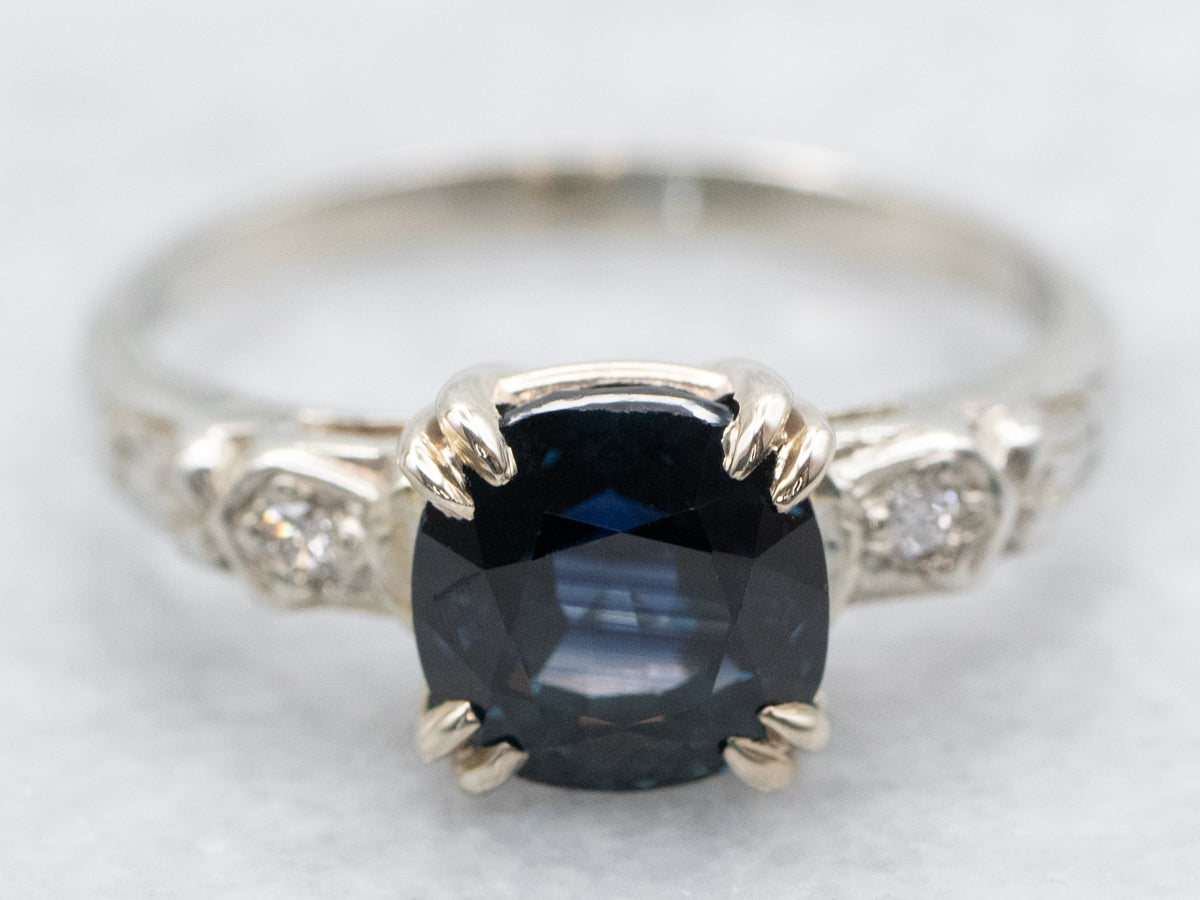 Retro Era Cushion Cut Sapphire and Diamond Engagement Ring