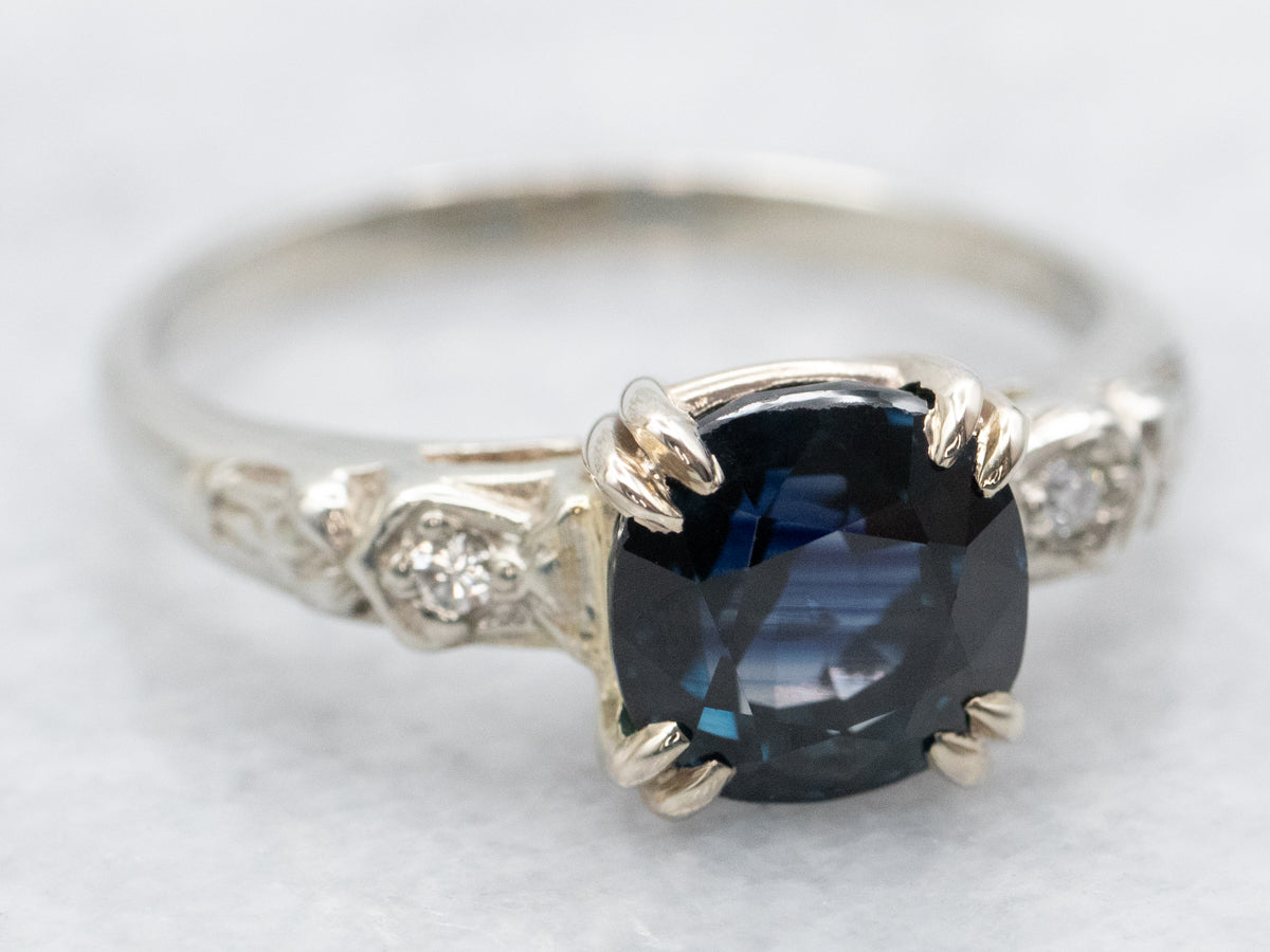 Retro Era Cushion Cut Sapphire and Diamond Engagement Ring