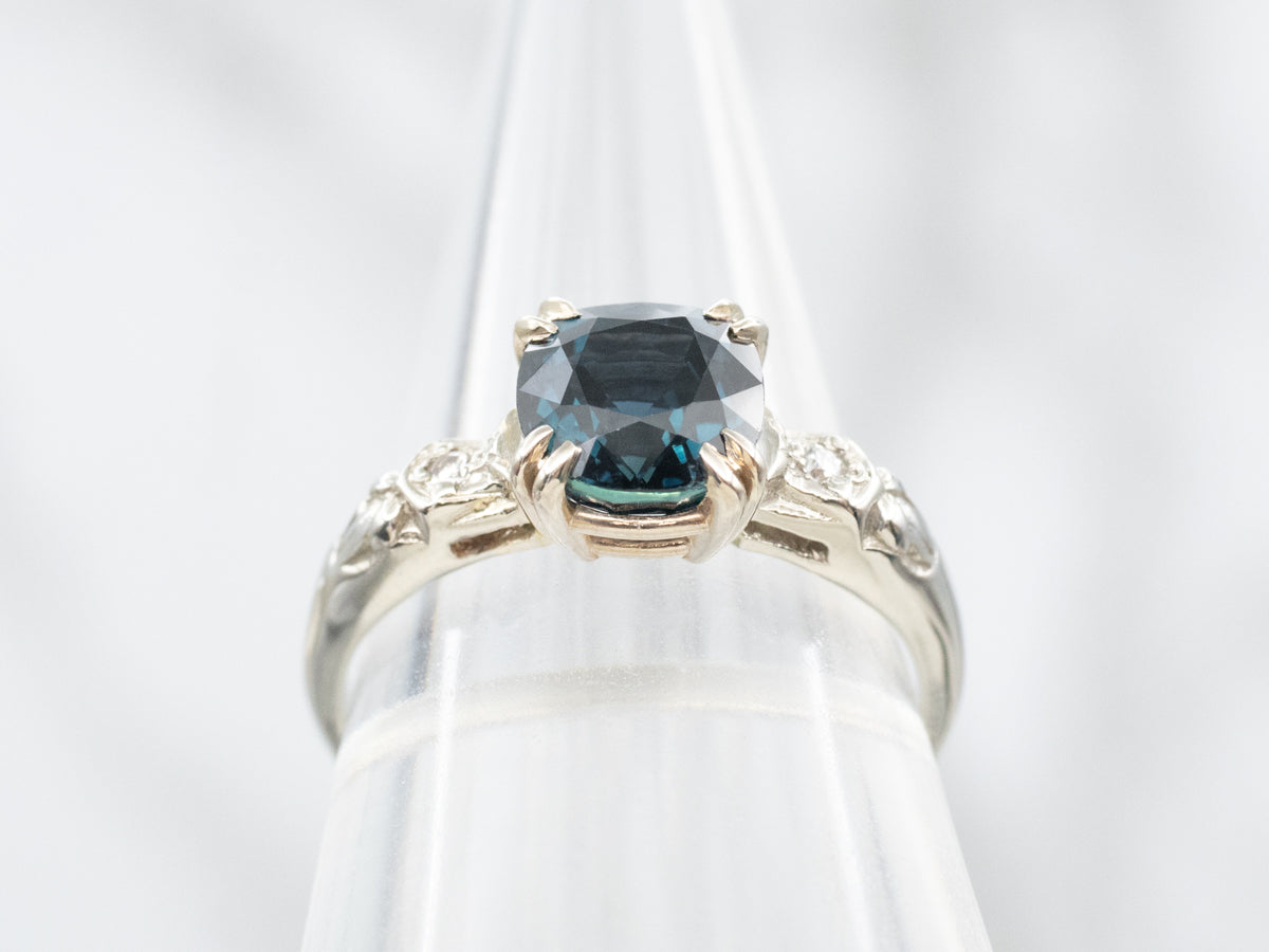 Retro Era Cushion Cut Sapphire and Diamond Engagement Ring