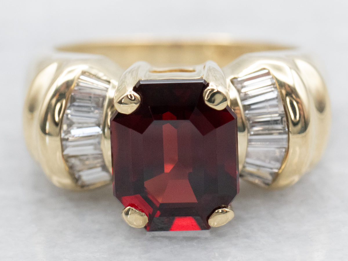 Modern Gold Garnet Cocktail Ring with Baguette Diamonds