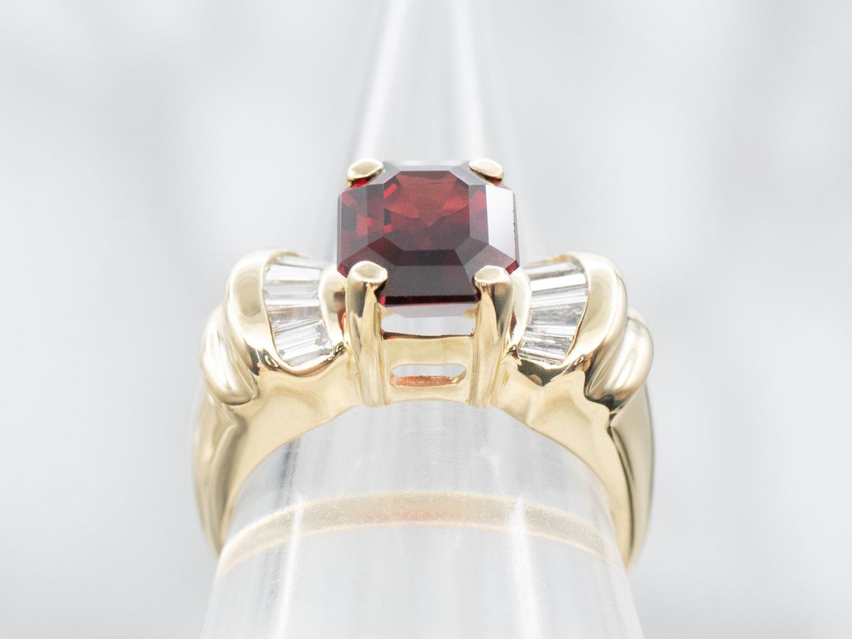 Modern Gold Garnet Cocktail Ring with Baguette Diamonds