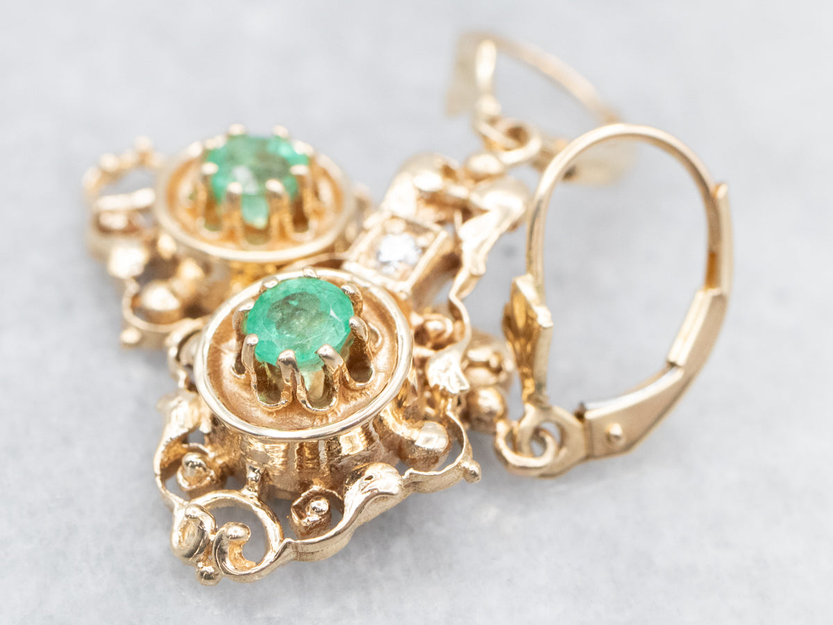 Emerald and Diamond Ornate Gold Drop Earrings