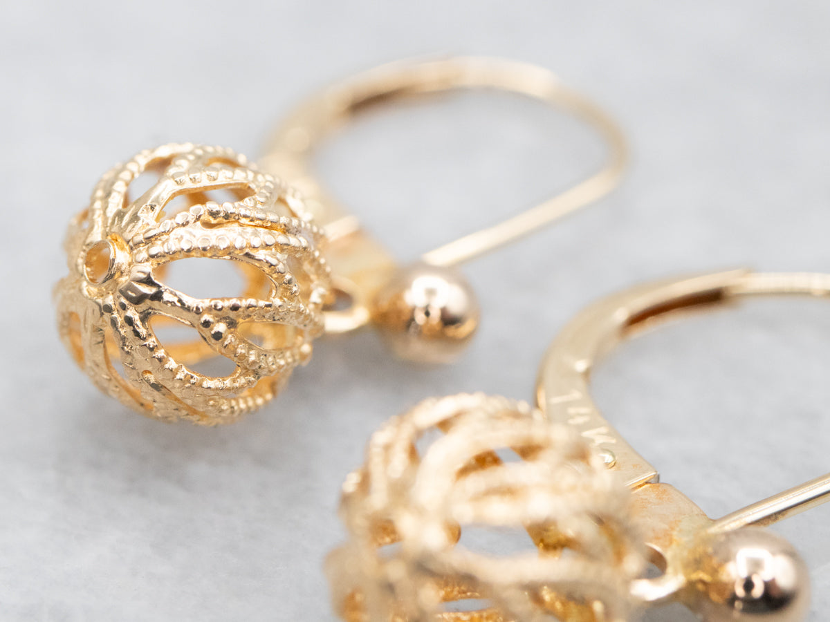 Gold Filigree Ball Drop Earrings