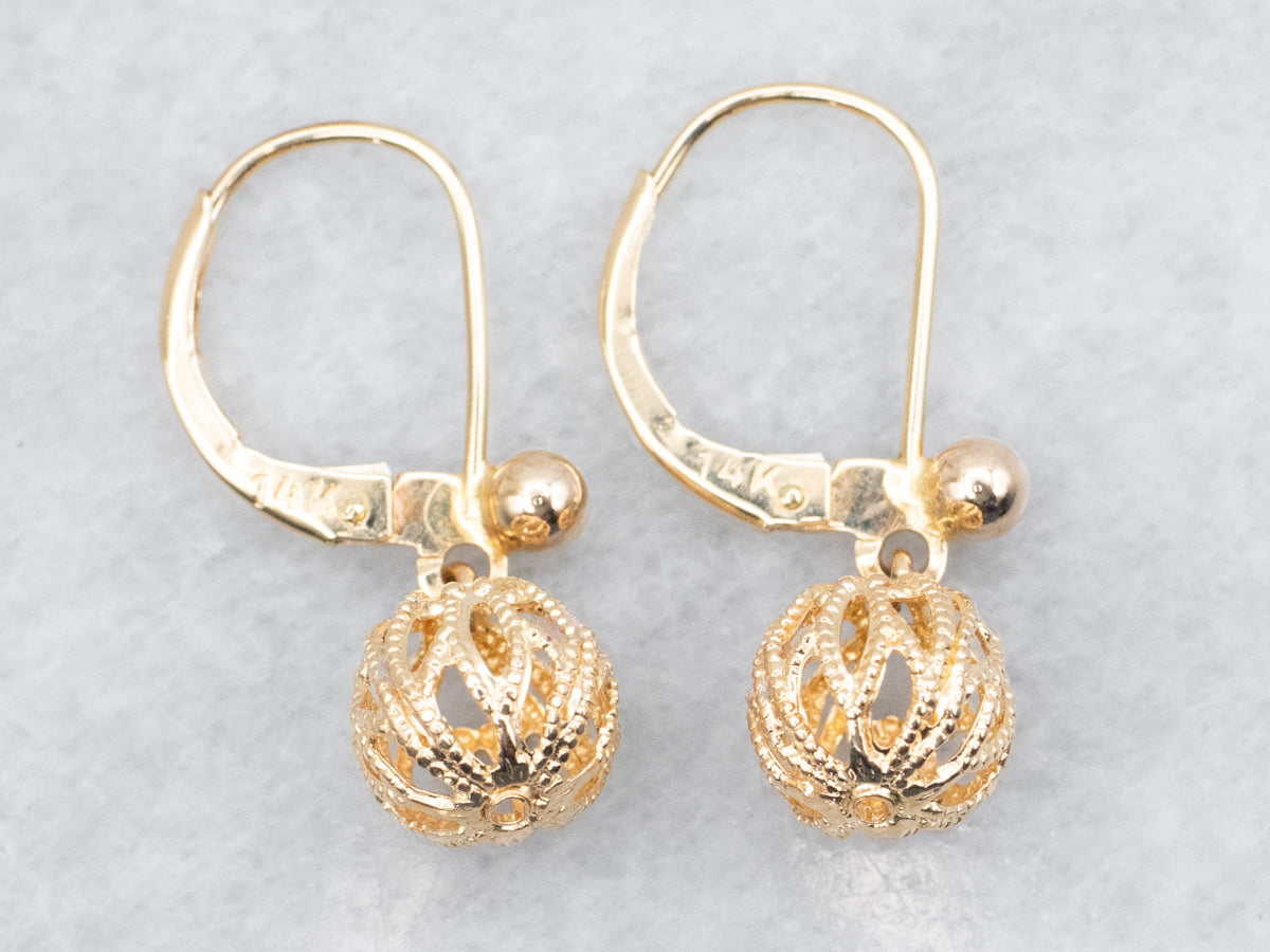 Gold Filigree Ball Drop Earrings