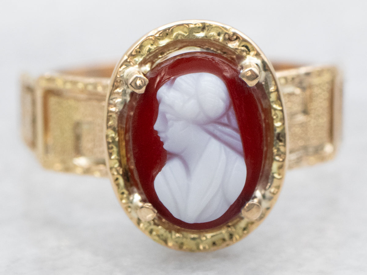 Victorian Sardonyx Cameo Greek-Key Pattern Ring