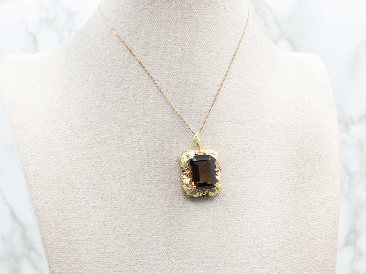 Floral Smoky Quartz and Gold Statement Pendant