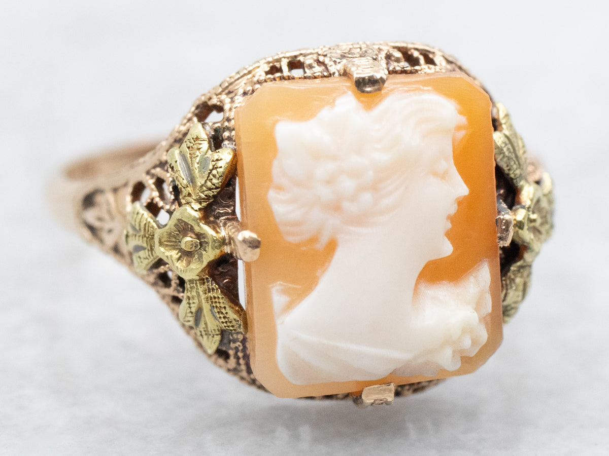 Victorian Revival Cameo Floral Filigree Ring