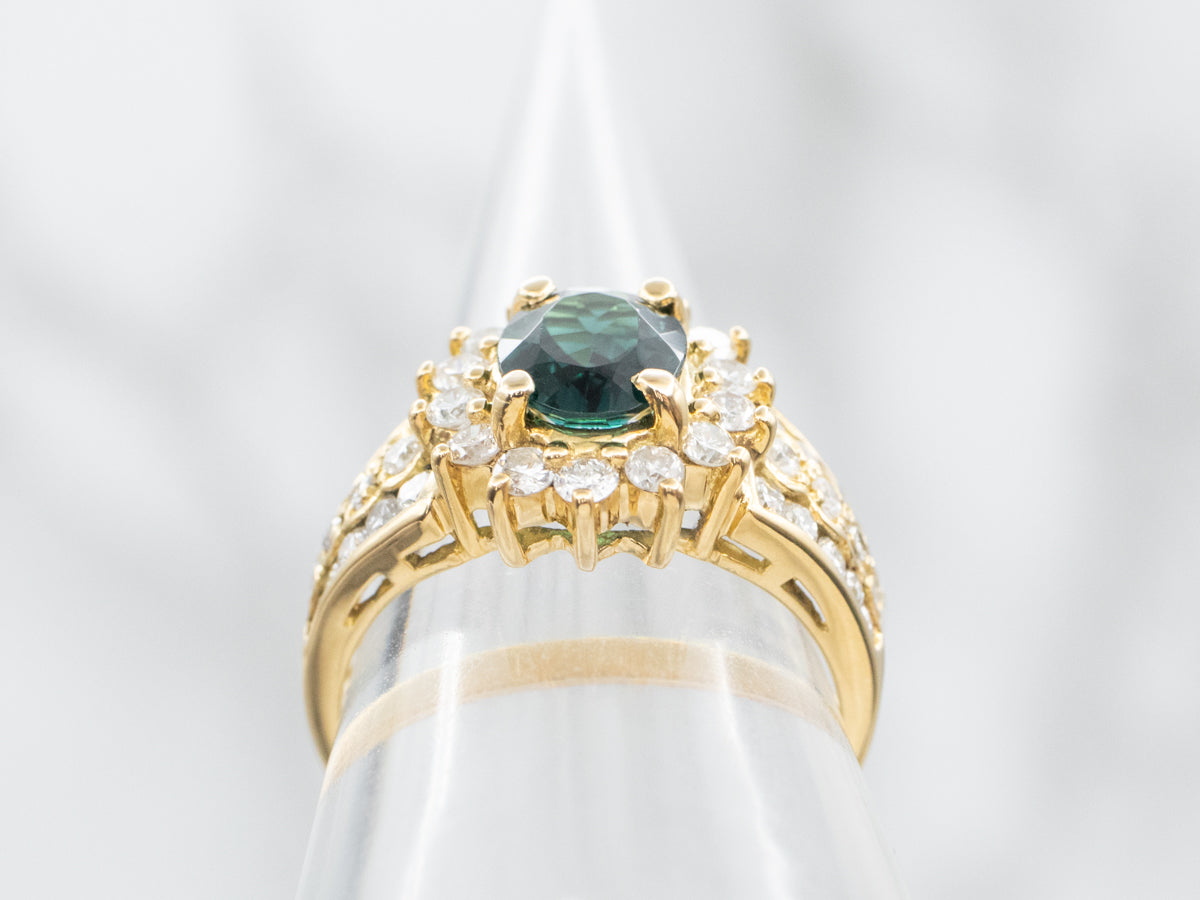 Modern Green Tourmaline and Diamond Halo Ring