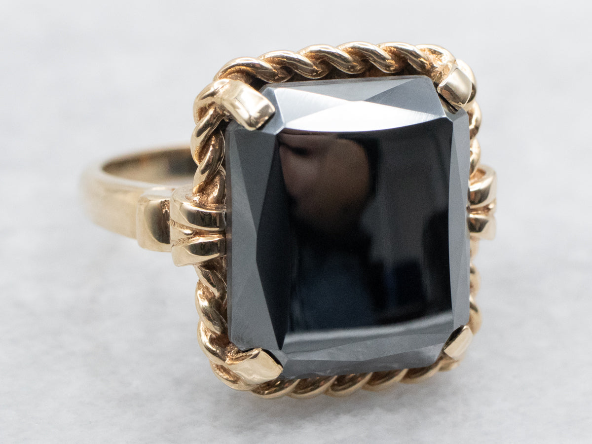 Vintage Gold Hematite Solitaire Ring with Twisted Shoulders