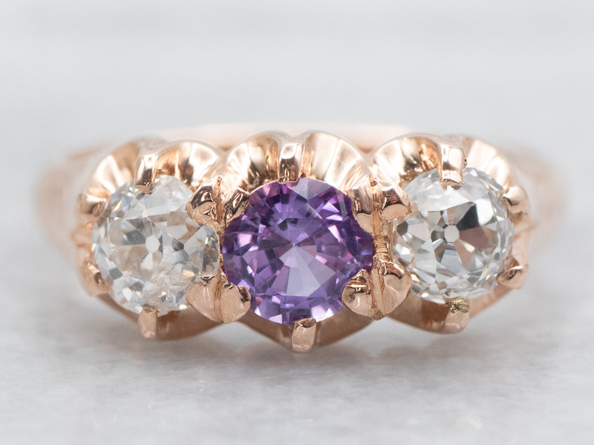 Victorian Rose Gold Pink Sapphire and Old Mine Cut Diamond Ring