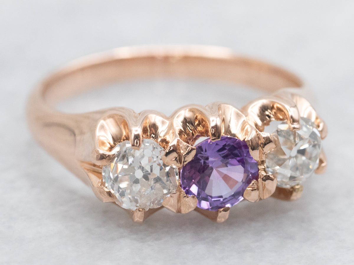 Victorian Rose Gold Pink Sapphire and Old Mine Cut Diamond Ring