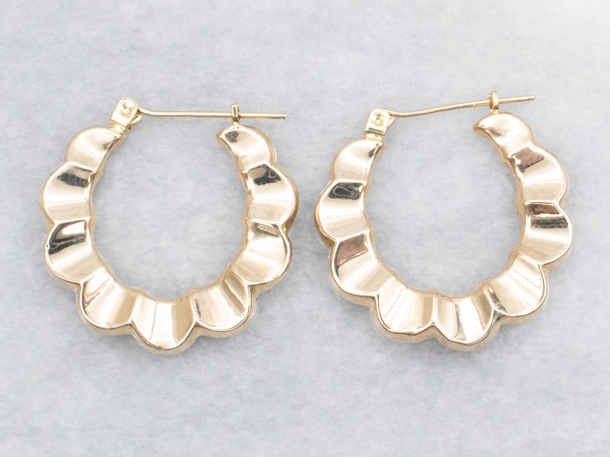 Scalloped Edged Yellow Gold Hoop Earrings