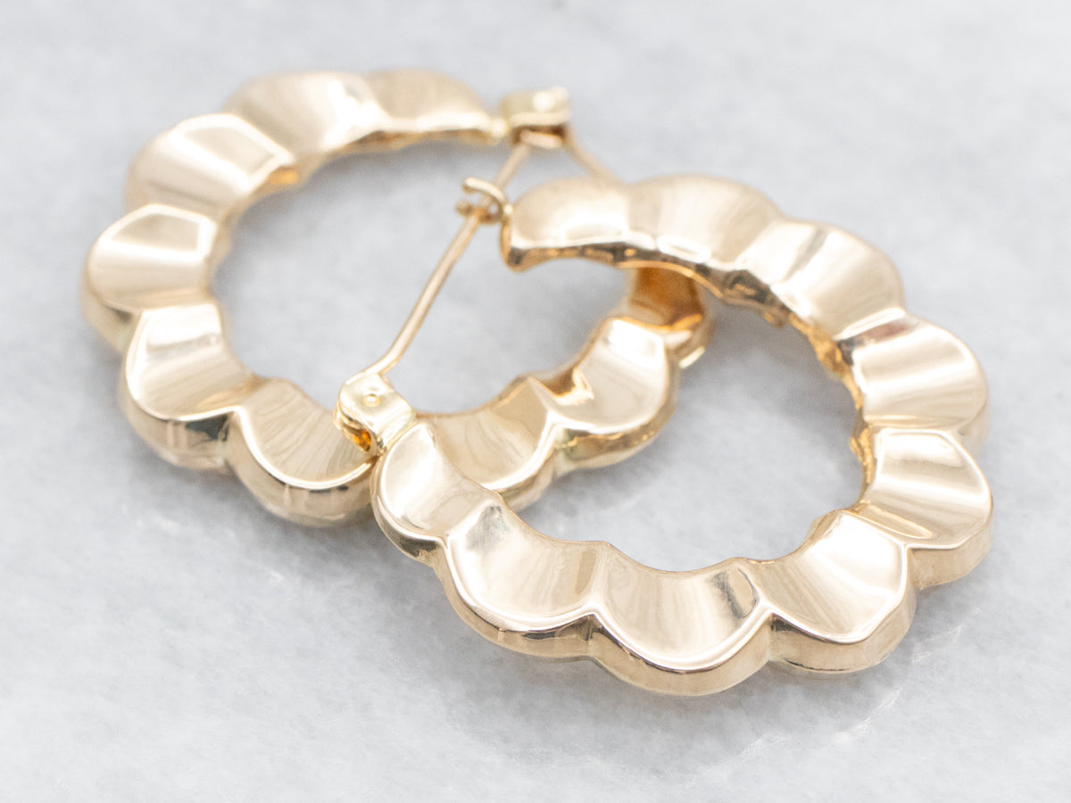 Scalloped Edged Yellow Gold Hoop Earrings