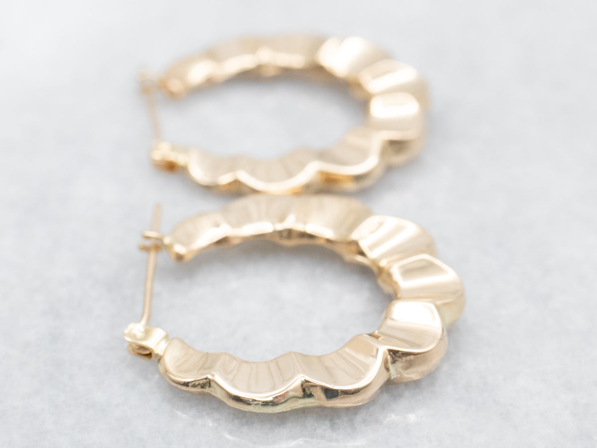 Scalloped Edged Yellow Gold Hoop Earrings