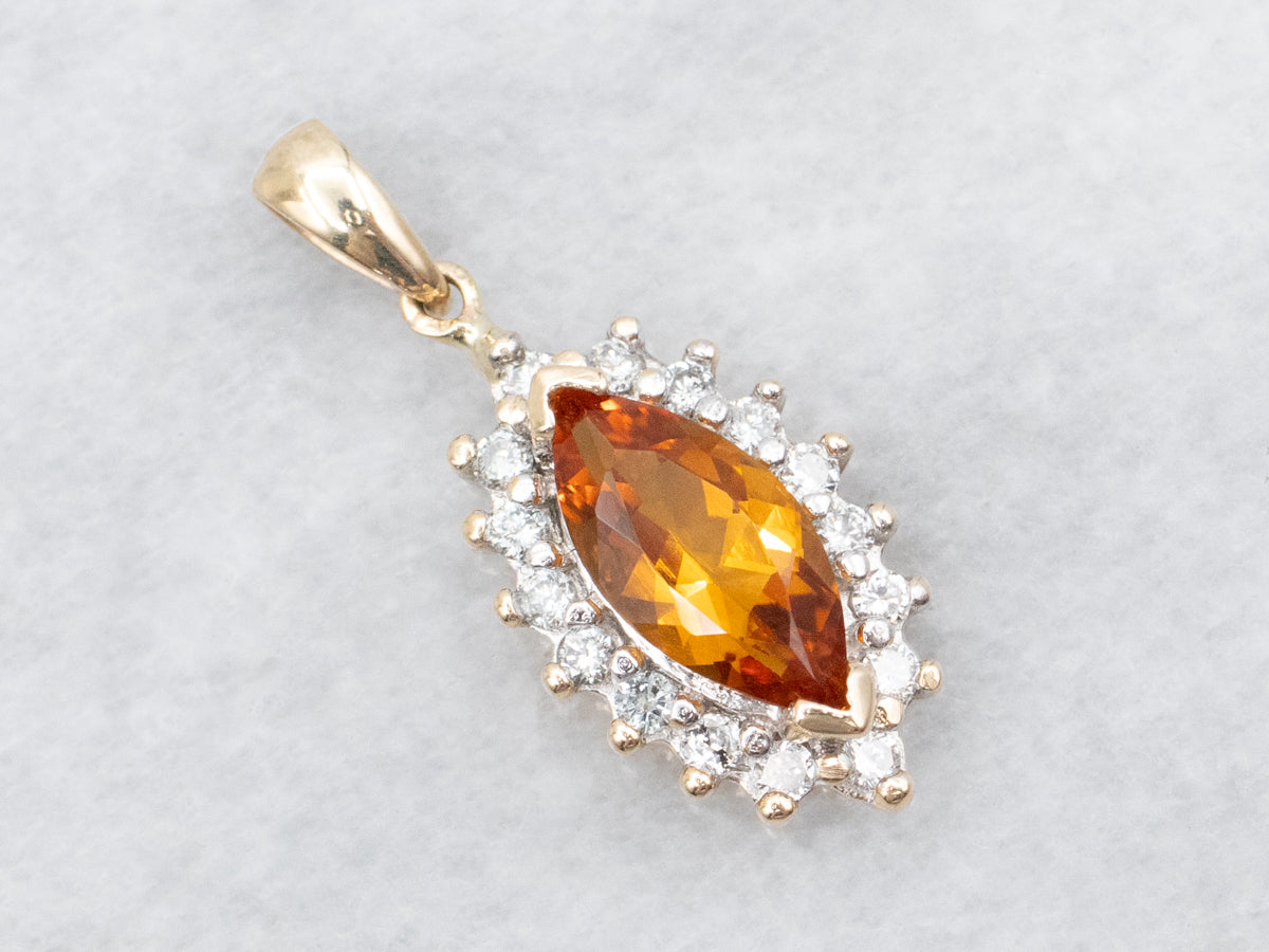 Marquise-Cut Citrine Pendant with Diamond Halo