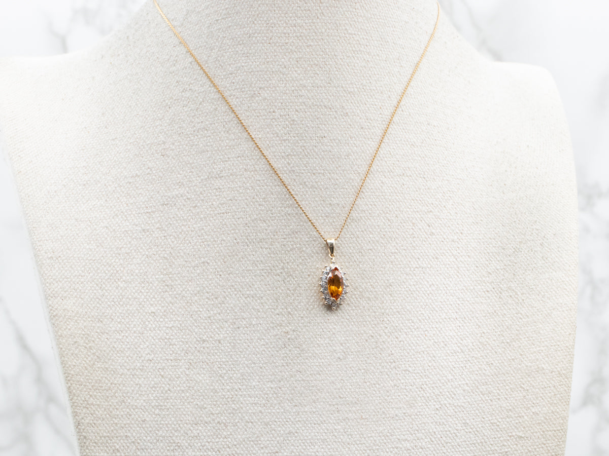 Marquise-Cut Citrine Pendant with Diamond Halo