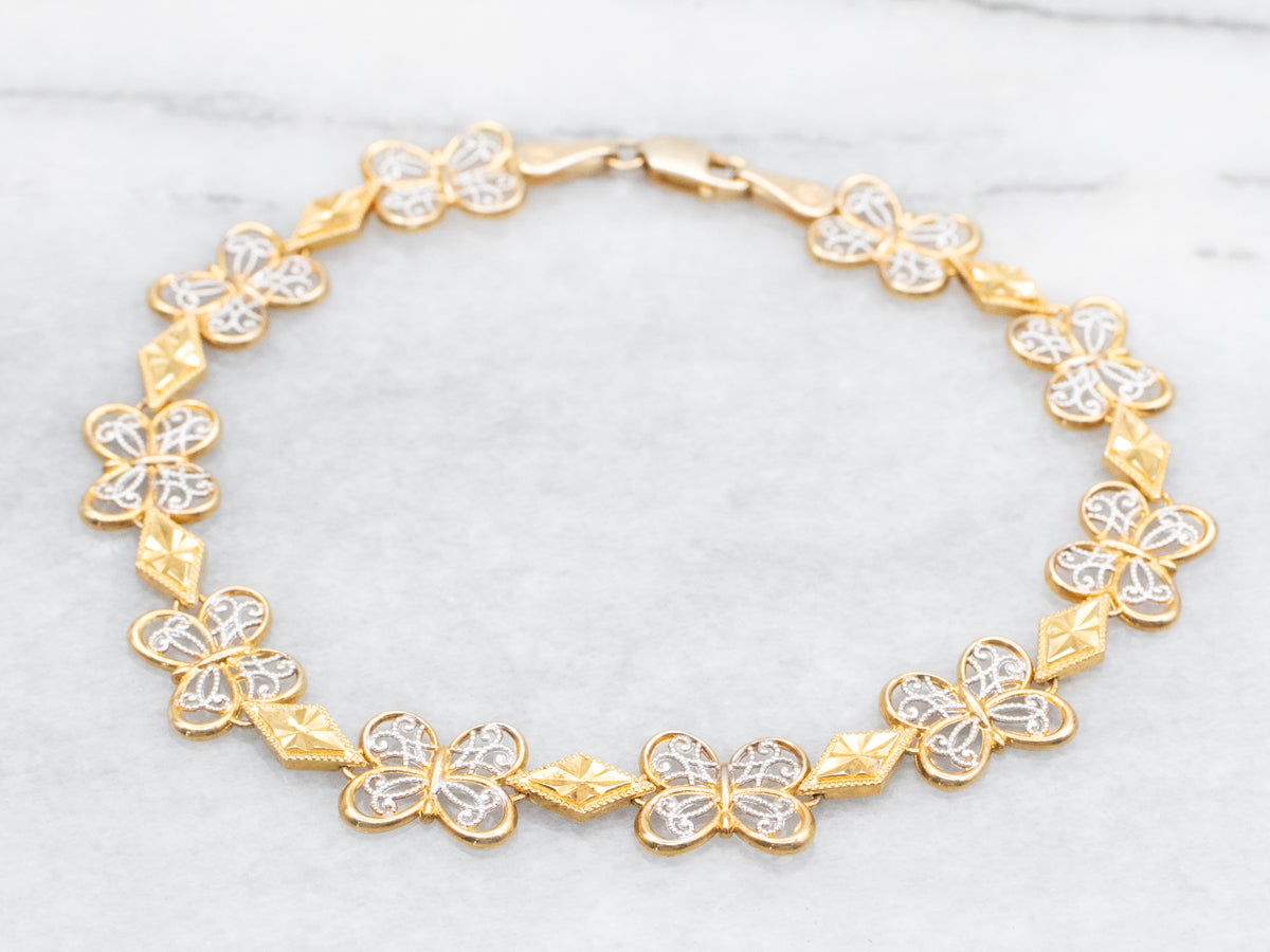 Two Tone Gold Filigree Butterfly Link Bracelet