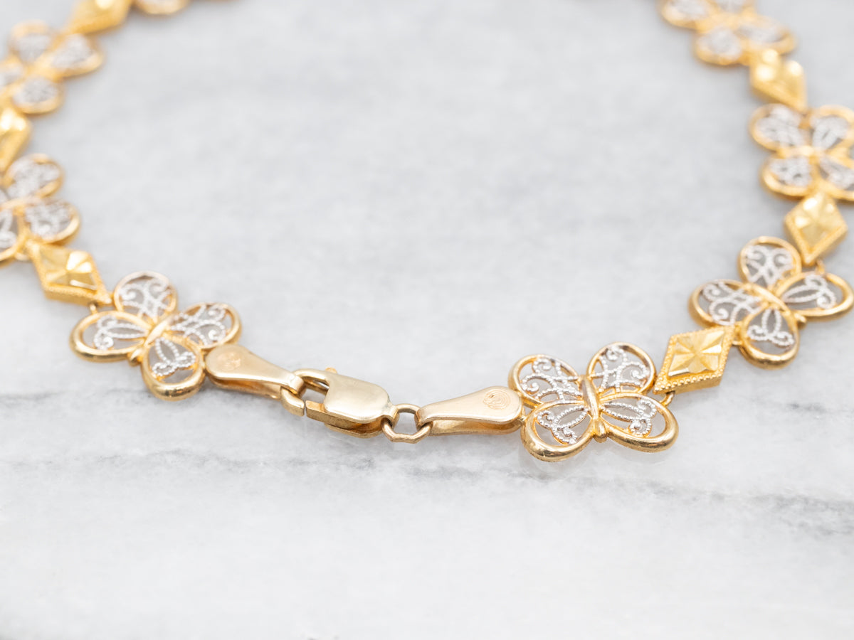 Two Tone Gold Filigree Butterfly Link Bracelet