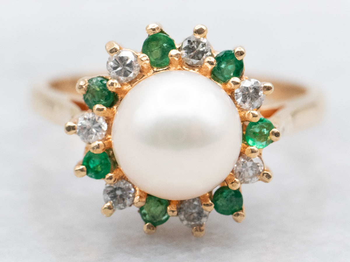 Saltwater Pearl Ring with Diamond and Emerald Halo