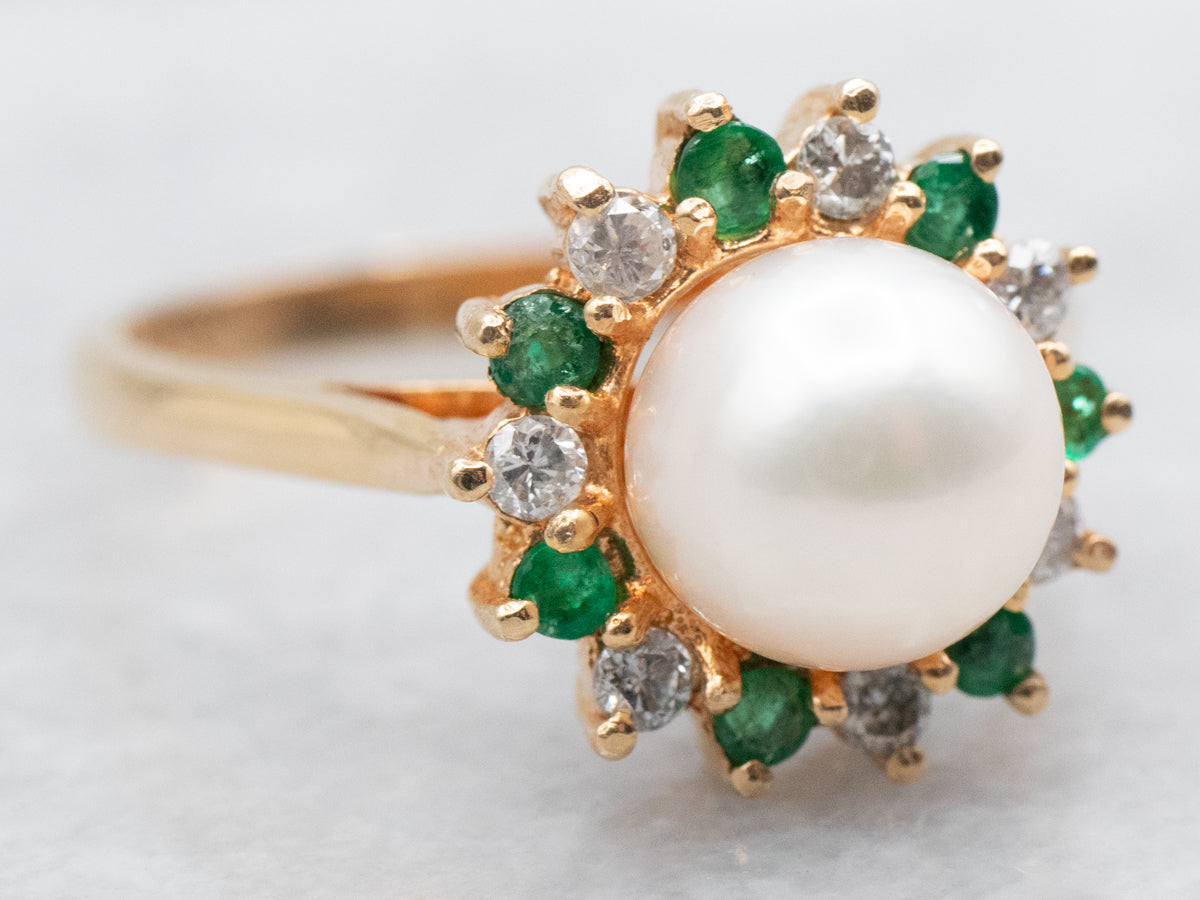 Saltwater Pearl Ring with Diamond and Emerald Halo