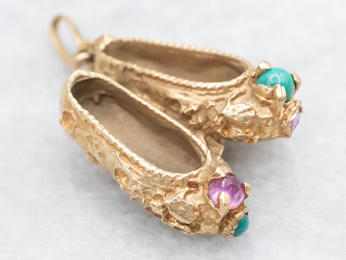 Vintage Turquoise and Ruby Ornate Gold Slippers Charm or Pendant