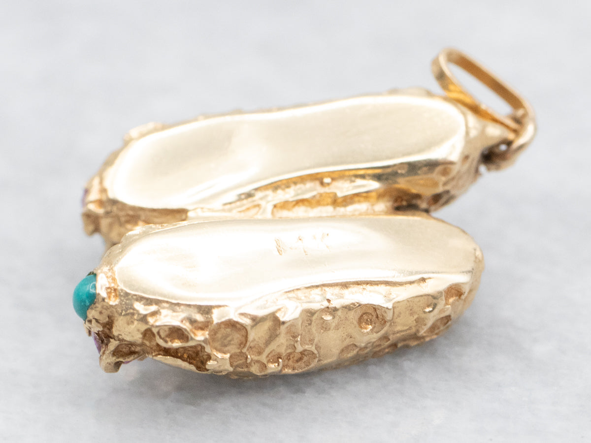 Vintage Turquoise and Ruby Ornate Gold Slippers Charm or Pendant