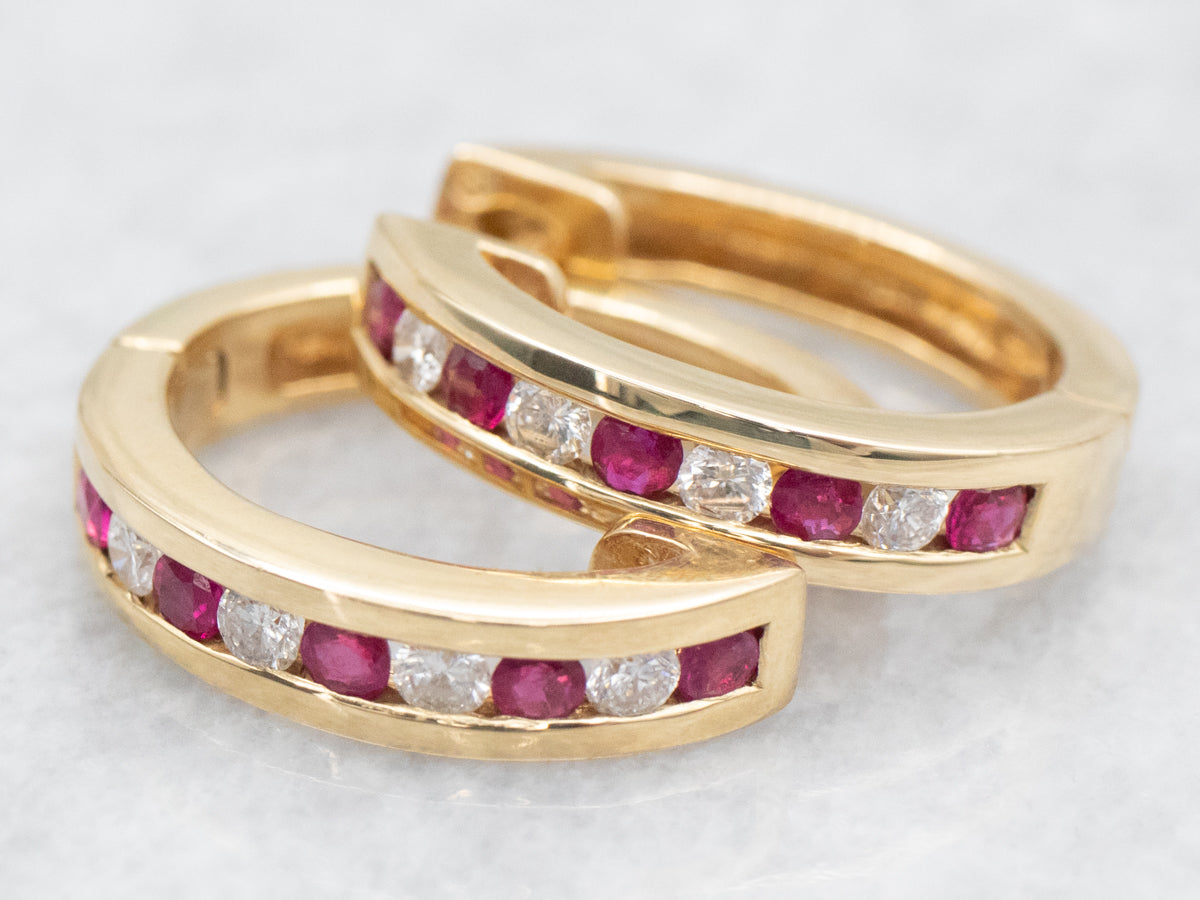 Gold Ruby and Diamond Hinged Huggie Hoop Earrings