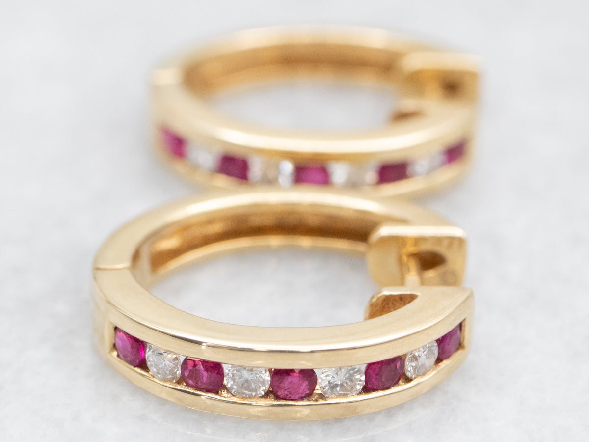 Gold Ruby and Diamond Hinged Huggie Hoop Earrings