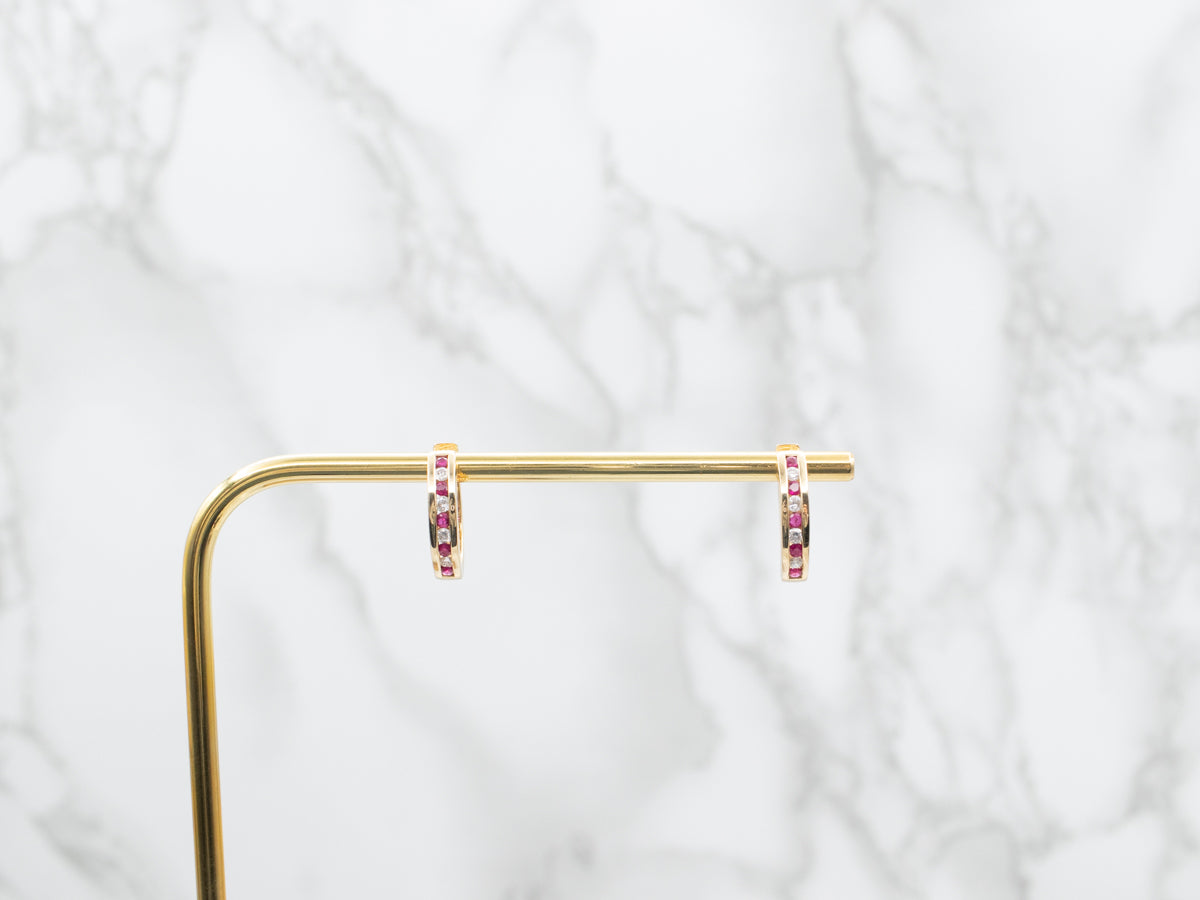 Gold Ruby and Diamond Hinged Huggie Hoop Earrings