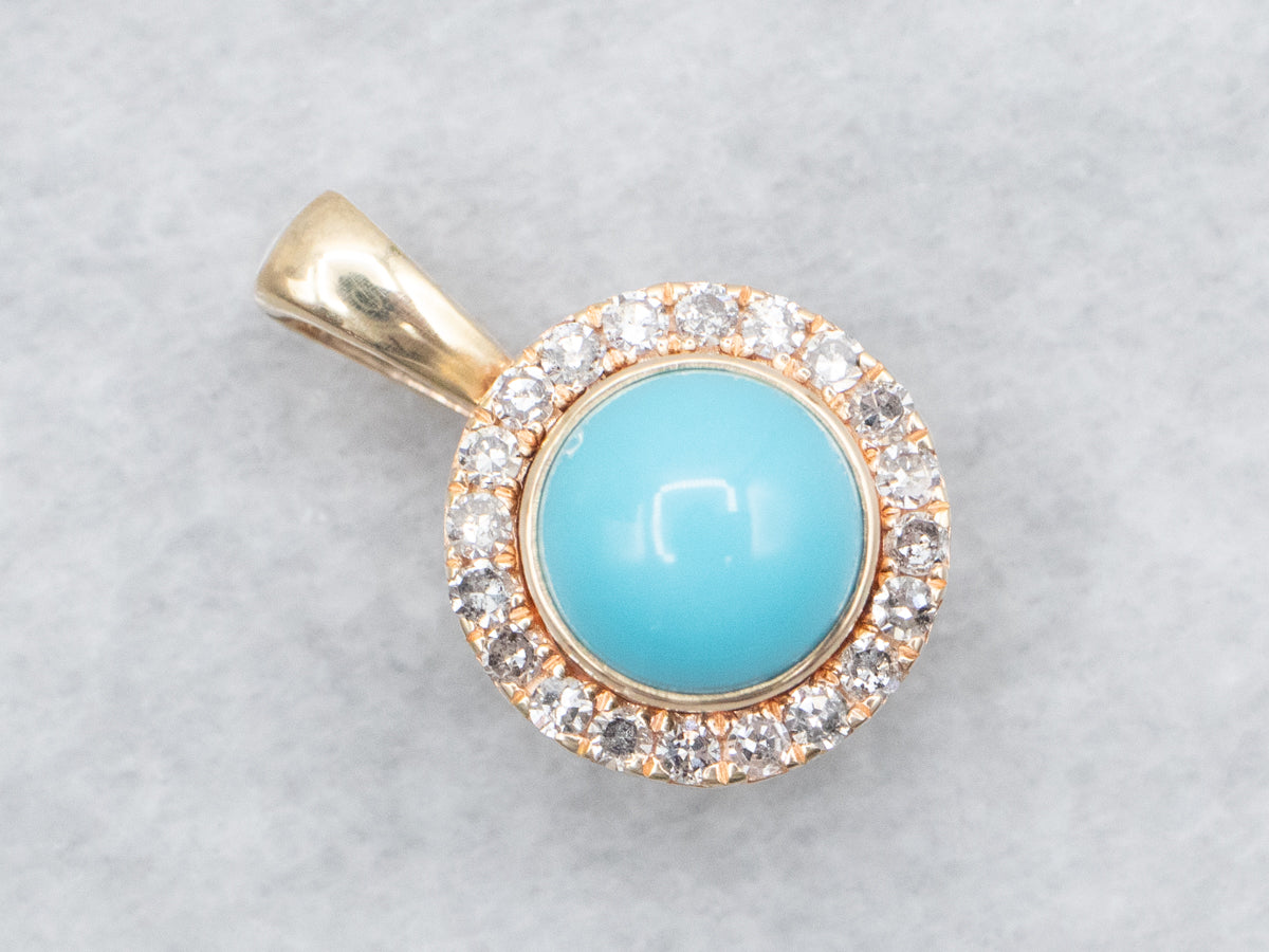 Yellow Gold Turquoise Pendant with Diamond Halo